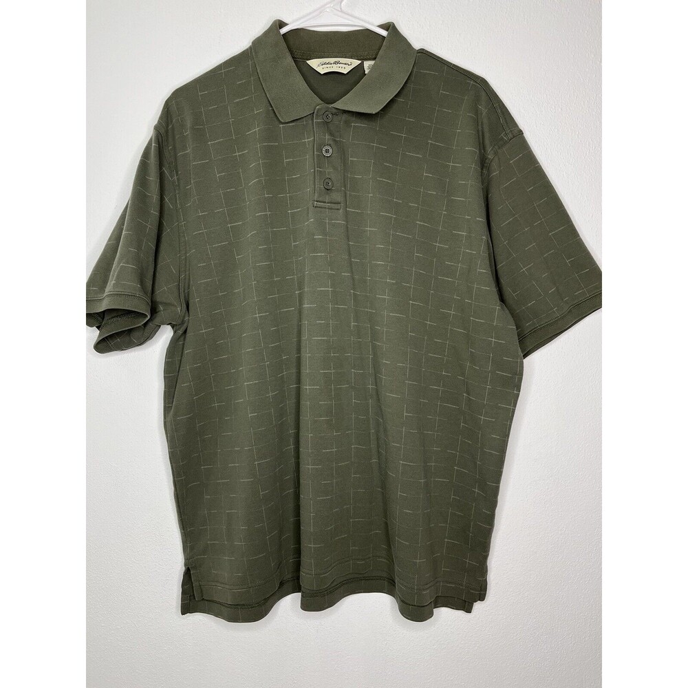 Vintage Eddie Bauer Polo Shirt Men's Large Army Green Striped Short Sleeve Golf